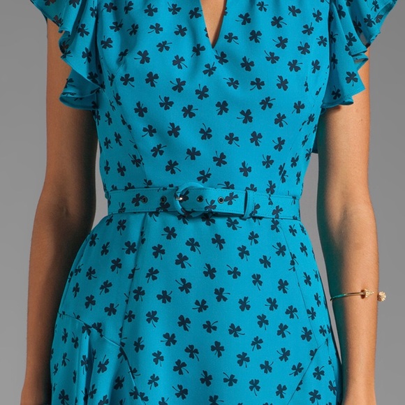 Milly Dress Teal with Clover Print Size 0 Silk - Picture 2 of 7